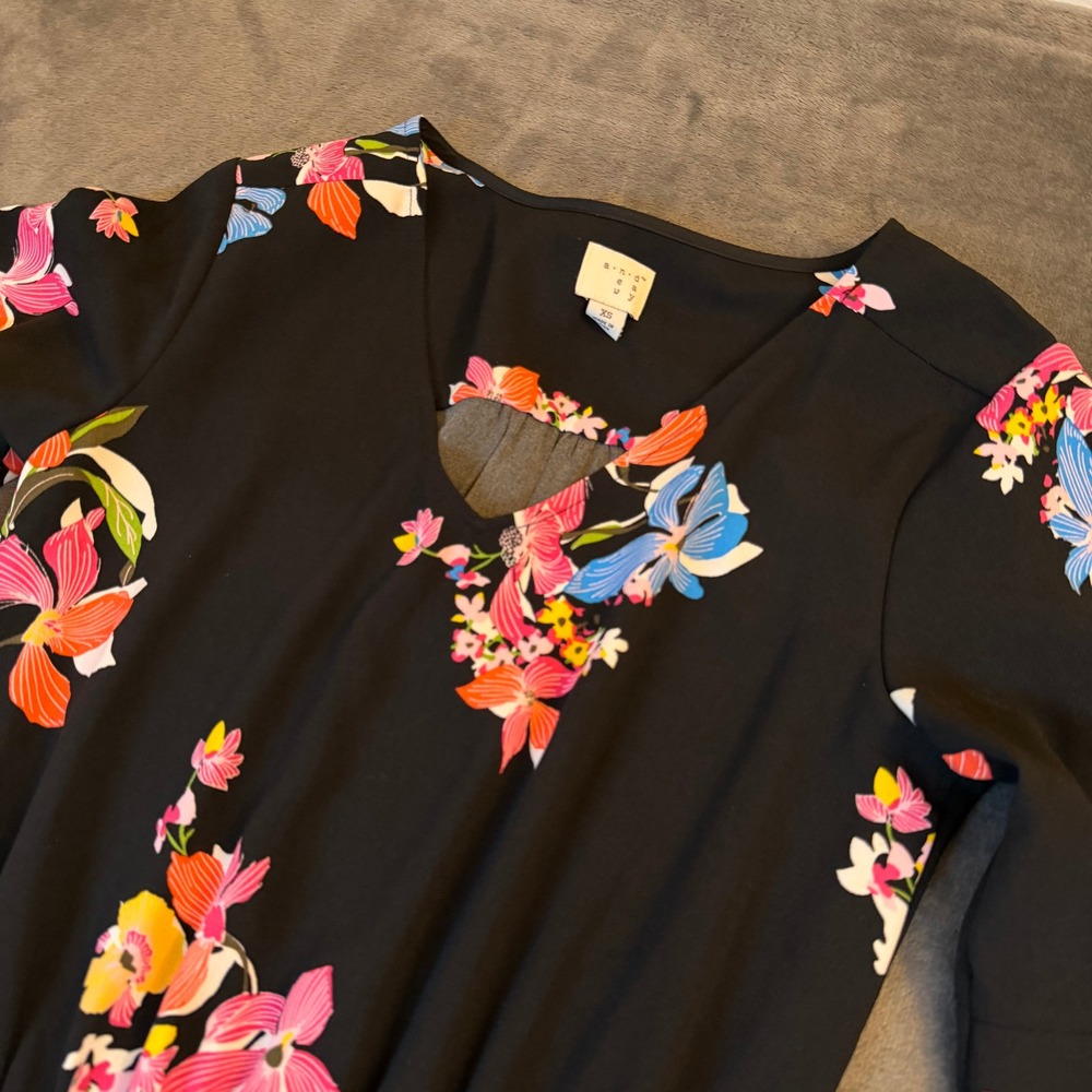 A New Day‎ Floral Bell Sleeve Dress Womens Extra Small Black Mini Relaxed